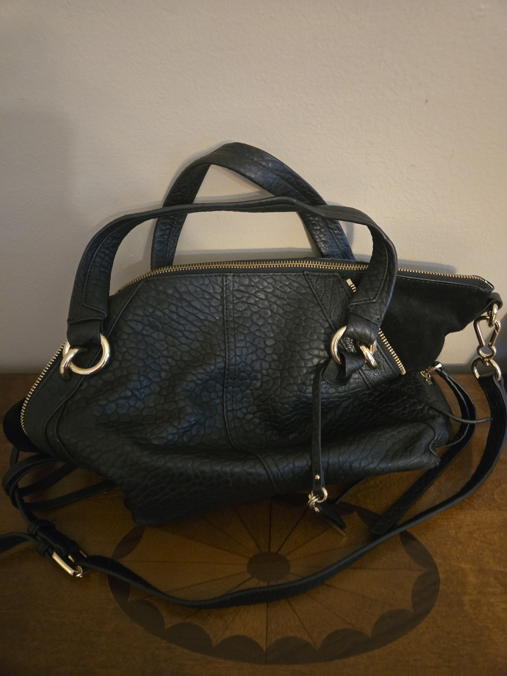 Vince Camuto Kayli Black Leather Satchel Handbag with Gold Hardware